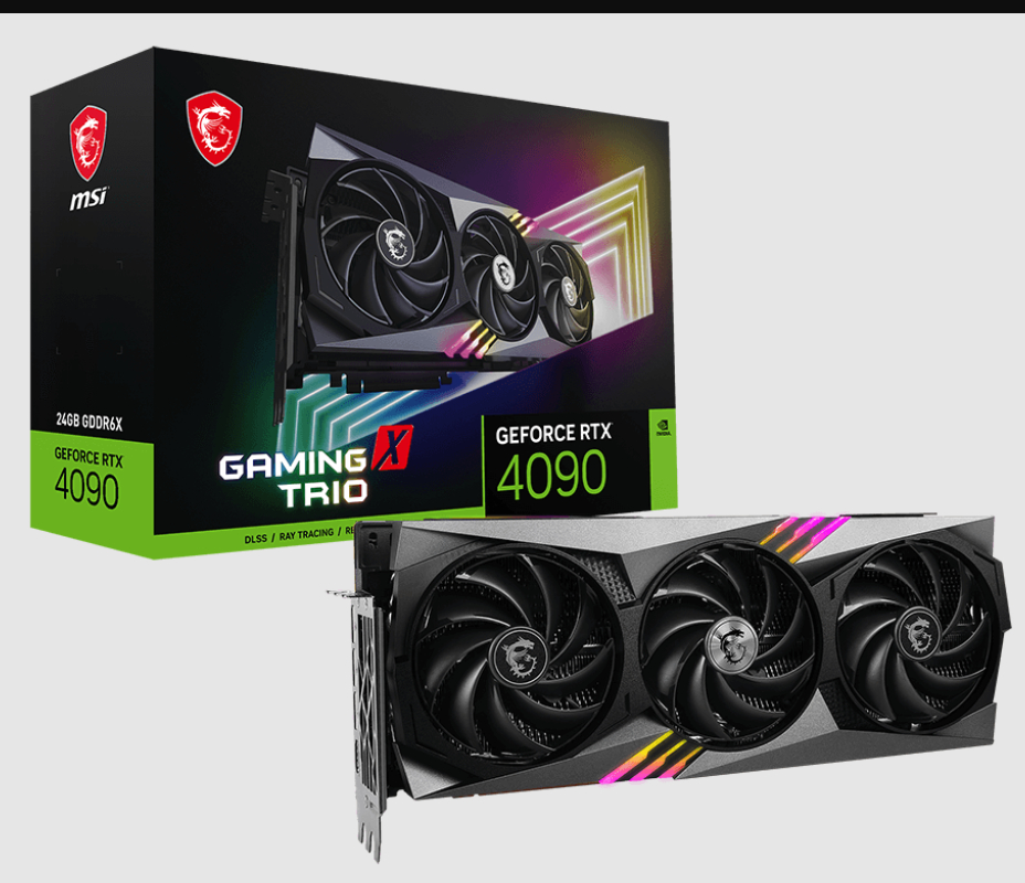  nVIDIA GeForce RTX 4090 GAMING X TRIO 24G<br>Boost Mode: 2595 MHz, 1x HDMI/ 3x DP, Max Resolution: 7680 x 4320, 1x 16-Pin Connector, Recommended: 850W  